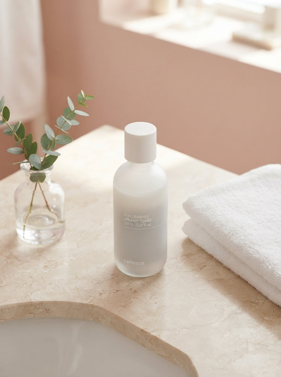 A bottle of Dual Barrier Creamy Toner resting on a bathroom vanity next to a white towel and a small plant.
