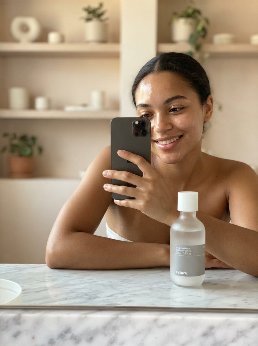 A woman taking a mirror selfie in a bathroom, displaying healthy, glowing skin with the Dual Barrier Creamy Toner bottle near